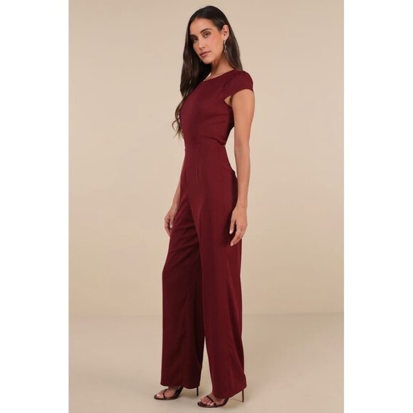 Lulus Jumpsuit Womens L Illustrious Charm Burgundy Cap Sleeve Cutout New/Defects - Picture 3 of 16